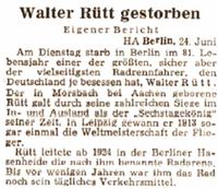 Zeitungsbericht zum Tod von Walter Rütt